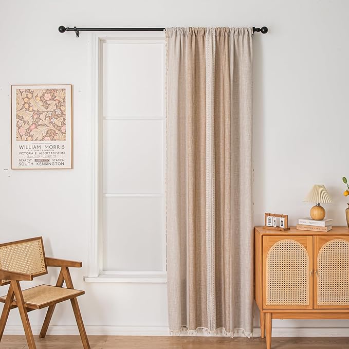 Deeprove Boho Curtains 84 Inches Long for Bedroom Living Room, Cotton Linen Stripes Embroidery Weighted, Bohemian Farmhouse Window Treatment Drape Tassels, 1 Panel W52 x L84, Khaki and Coffee
