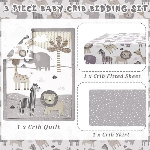 3 Pcs Baby Crib Bedding Set Safari Animals Elephant Zebra Lion Giraffe Neutral Crib Set Includes Quilt, Fitted Sheet, Skirt for Baby Boy Girl(Light Blue)