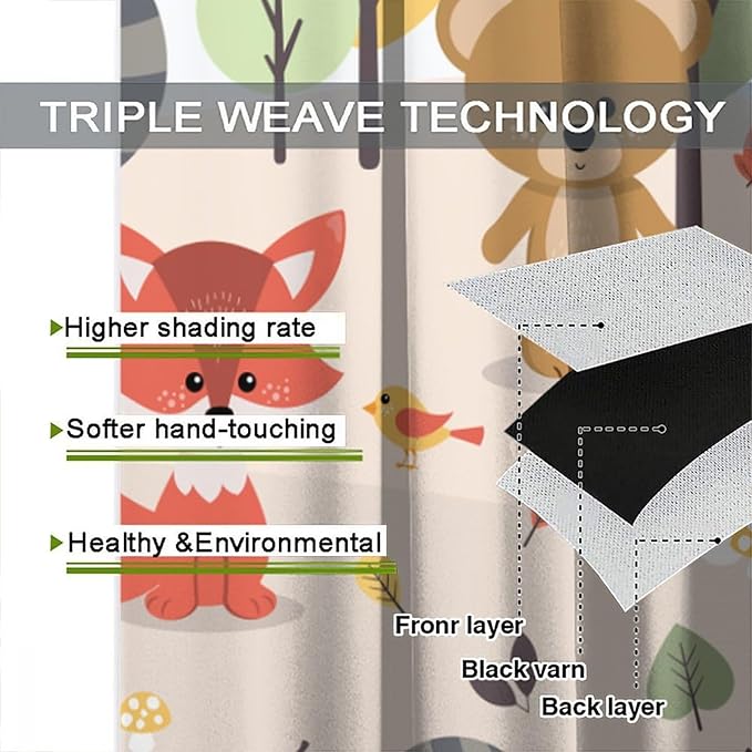Kids Cartoon Forest Animal Curtains, Cute Woodland Animal Window Treatments for Bedroom Wildlife Fox Bear Deer Bunny Bird Blackout Window Drapes for Girls Boys Nursery Toddler Playroom 42x54in