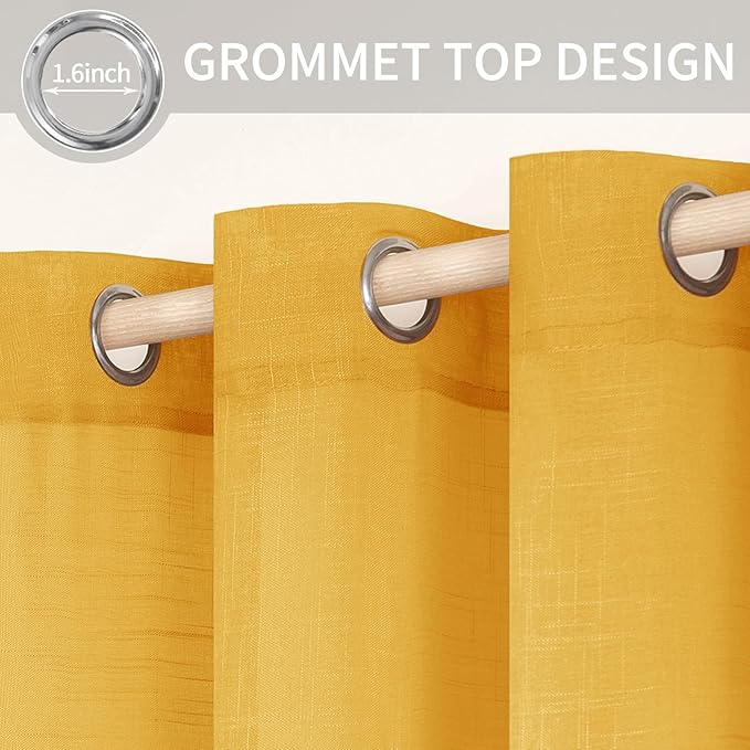MIULEE Natural Linen Sheer Window Curtains - Elegant Mustard Yellow Fall Drapes Grommet Top Voile Panels Linen Textured Panels for Bedroom Living Room (52X96 Inch)