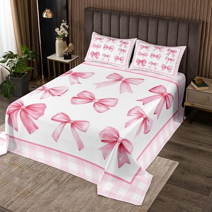 Pink Bowknot Kids Bedspread King Size,Geometric Plaids Grids Patchwork Fashion Coverlet Set,Girls Women Room Decor,Bow Tie Knot Princess Quilted Coverlet,Romantic Chic Bedding Quilt,2 Pillowcases