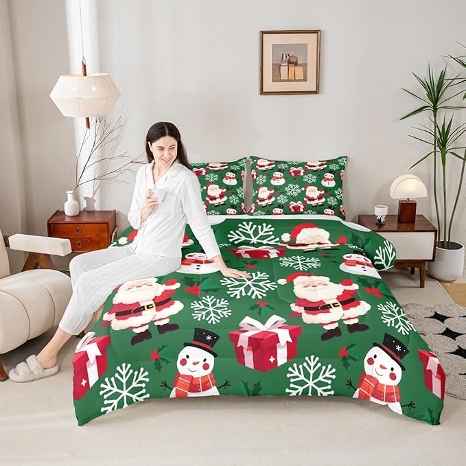 jejeloiu Merry Christmas Comforter Set Queen Size Xmas Santa Claus Bedding Set for Kids Boys Girls Cute Snowman Duvet Quilt Green Bedroom Decor