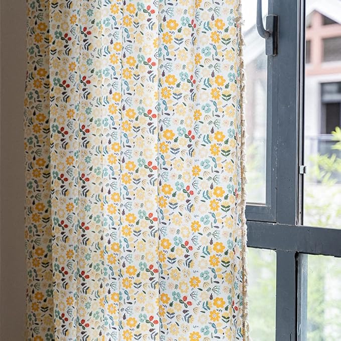 ENJOYBRIDAL Floral Curtains 84 Inch Length 2 Panels Tassel Boho Semi-Sheer Drapes Bedroom Living Room Farmhouse Rustic Country Yellow Green Flower Rod Pocket Cotton Linen Blend Window Curtain Panel