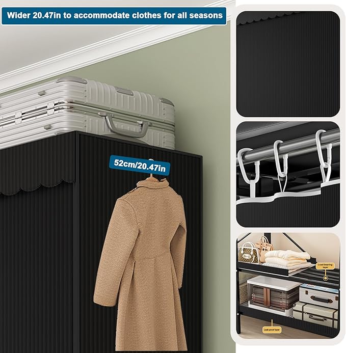 FPIGSHS Heavy Duty Clothes Rack with Cover Foldable Covered Clothes Rack for Hanging Clothes portable Wardrobe Closet System Freestanding Coat Storage Garment Racks for bedroom (black, 75in)