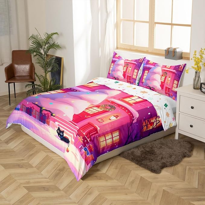 Feelyou Cute Christmas Comforter Cover Set Tree Bedding Set Toddler Size for Kids Boys Girls Bedroom Bed Decor Xmas Duvet Cover Merry Christmas Bedspread Cover, No Comforter