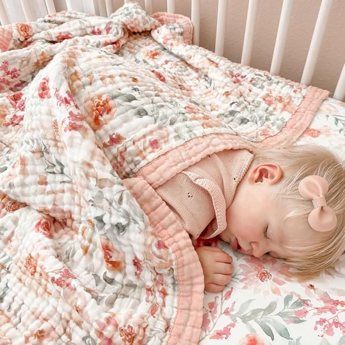 100% Cotton Muslin Baby Blanket - Large Reversible Receiving Blankets for Baby Girls, Soft & Lightweight, Perfect Muslin for Newborns, Infants & Toddlers, 7 Layers Design, Machine Washable, Pink