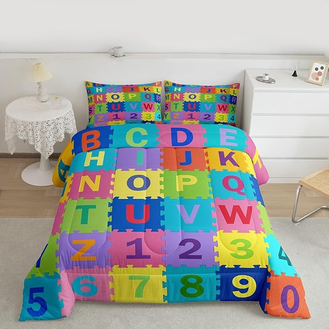 Feelyou Kids Puzzle Alphabet Numbers Comforter Set Twin Size ABC Letters Bedding Set for Kids Boys Girls Educational Duvet Quilt English Learning Bedroom Decor Microfiber 2 Pcs with 1 Pillow Cases