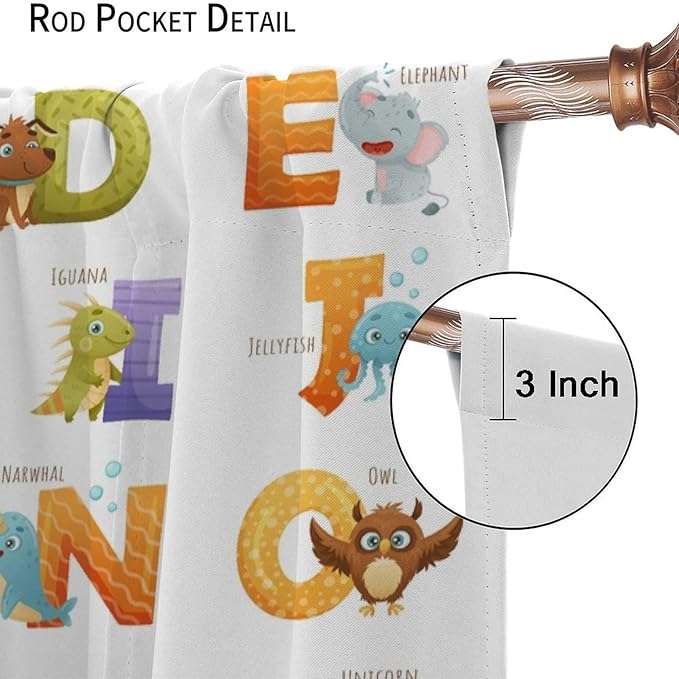 Kids Alphabet Curtains Educational Baby Cartoon Animals Colorful Cute Curtain with Rod Pocket for Nursery Living Room Home Decor Drapes Window Treatments 2 Panels Set 63x72in