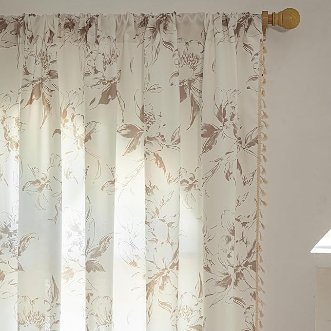 ENJOYBRIDAL Floral 96 Inch Curtains for Bedroom Cute Drapes Boho Semi Sheer Living Room Long Window Curtain Panels Retro Light Filtering Farmhouse Rod Pocket 2 Panels Window Treatments