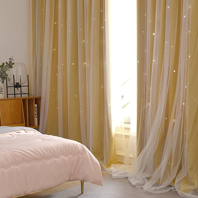 Kinryb Sheer Overlay Curtains for Girls Bedroom, 84 Inches Grey Double Layer Panles with Star Cutout for Kids Room (52 W x 84 L Inches,2 Pcs Yellow)