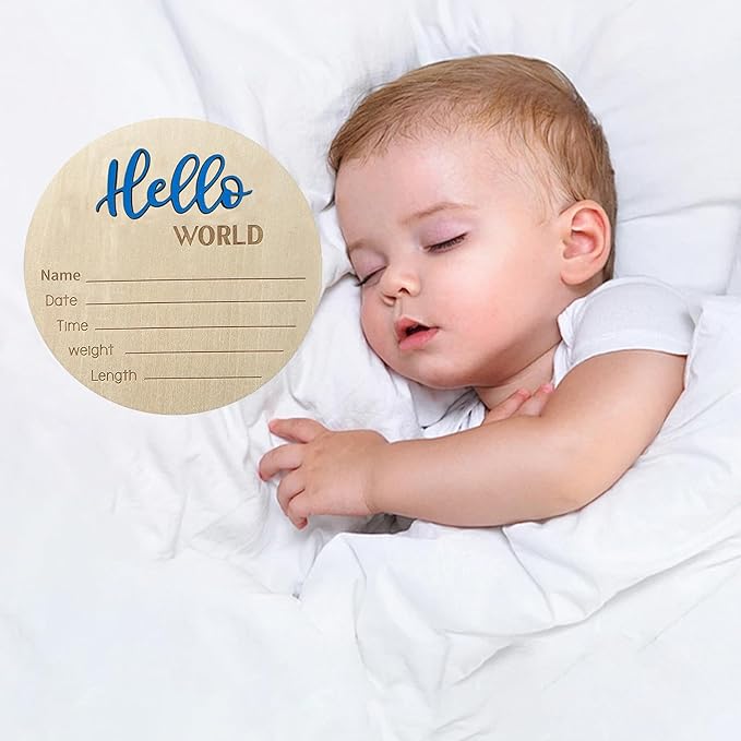Baby Announcement Sign, 5.9 Inch Wooden Hello World Newborn Signs, Birth Announcement Sign, Baby Shower Hospital Nursery for Newborn Boys and Girls (Blue,Pen)
