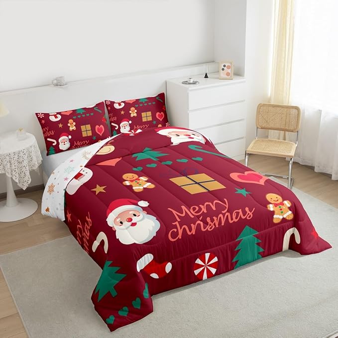 Feelyou Merry Christmas Comforter Set All Season Santa Claus Snowman Bedding Set with 2 Pillow Cases Gingerbread Man Microfiber Kids King Bedclothes Xmas Tree Deer Bedroom Decor Duvet Quilt Soft