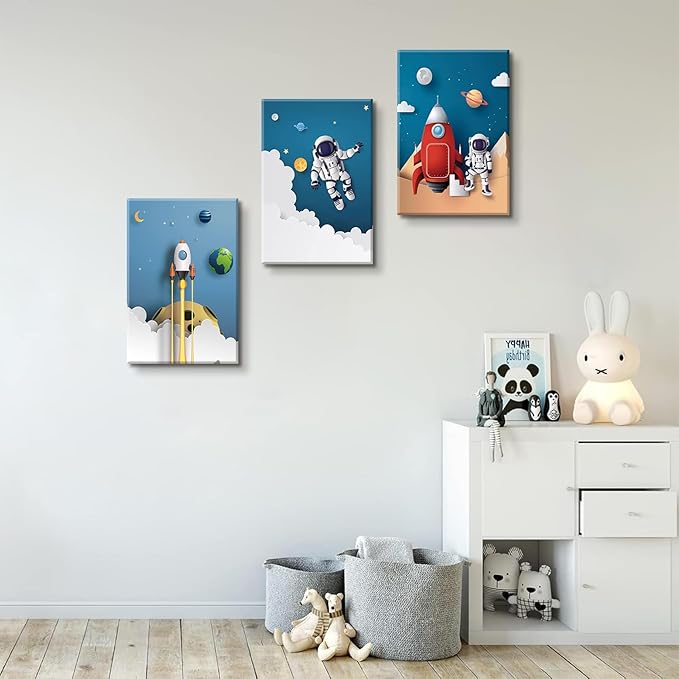 3Pcs Astronaut Canvas Wall Art Nursery Space Adventure Wall Decor Whimsical Space Themed Posters Artwork Rocket Spaceship Prints Pictures for Kids Room Boys and Girls Bedroom (16x24in Canvas)