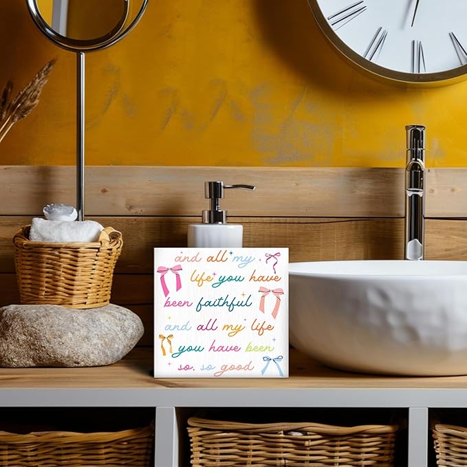 Christian Coquette Bow Wood Box Sign - Inspirational Desk Shelf Decor, Bible Verse Decor, All My Life You Have Been Faithful Christian Wooden Block Plaque Box Sign for room Table Decorations