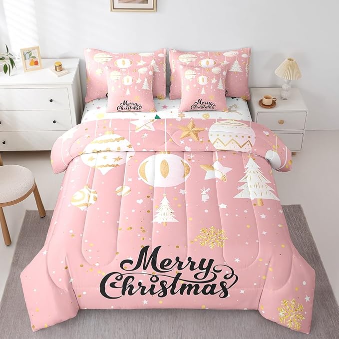 Feelyou Christmas Tree Bed Set for Children Kids Boys Girls Pink Xmas Theme Bed in a Bag Glitter Snowflake Star Comforter Set with Sheets Room Decor Bedding Set Queen Size