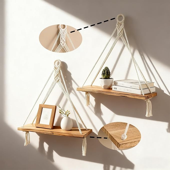 Boho Macrame Hanging Wall Shelves Set of 2 - Rustic Wood Triangular Floating Storage Shelf for Bedroom Bathroom Living Room Nursery Dorm - Boho Room Deco