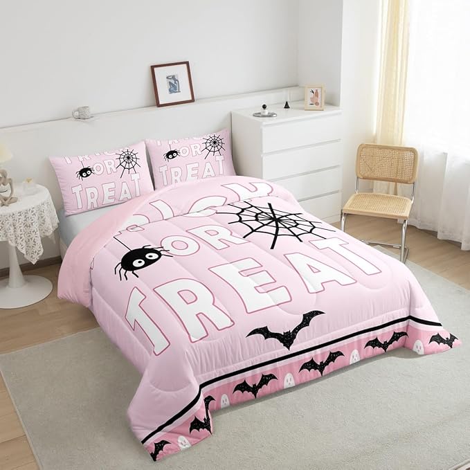 Erosebridal Happy Halloween Comforter Set King Size Spider Web Bedding Set Bat Ghost Quilt for Kids Boys Girls Teens Cartoon Style Bedding Comforter Sets with 2 Pillow Cases