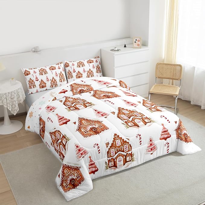 Feelyou Merry Christmas Comforter Set Toddler Size Gingerbread House Bedding Set for Kids Boys Girls Xmas Tree Duvet Quilt Candy Cane Bedroom Decor Microfiber 2 Pcs with 1 Pillow Cases