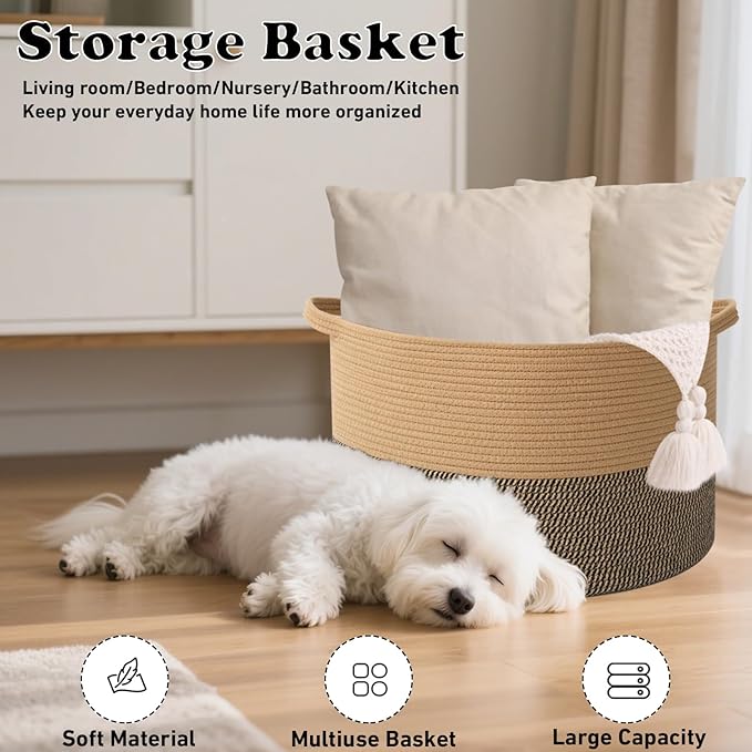 Large Blanket Basket for Organizing,65L Closet Organizers and Storage Bins Box for Shelves Woven Rope Storage Baskets,Living Room,Bedroom,Dorm,Laundry room (Jute&Black)