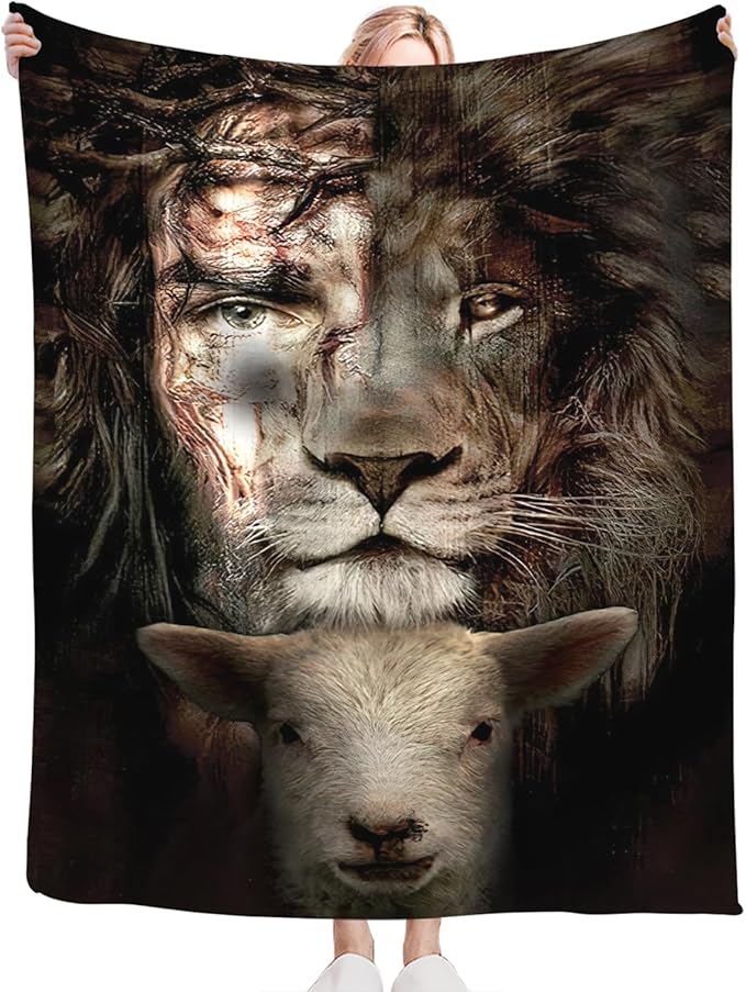 Tijuboni Lion Lamb Throw Blanket Christian Religious Gifts for Women Men Girls Boys Kids Adults Soft Flannel Fleece Blanket for Couch Sofa Bed Home Decor 50"x60"