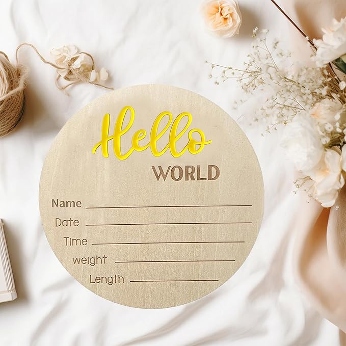 Baby Announcement Sign, 5.9 Inch Wooden Hello World Newborn Signs, Birth Announcement Sign, Baby Shower Hospital Nursery for Newborn Boys and Girls… (Yellow)