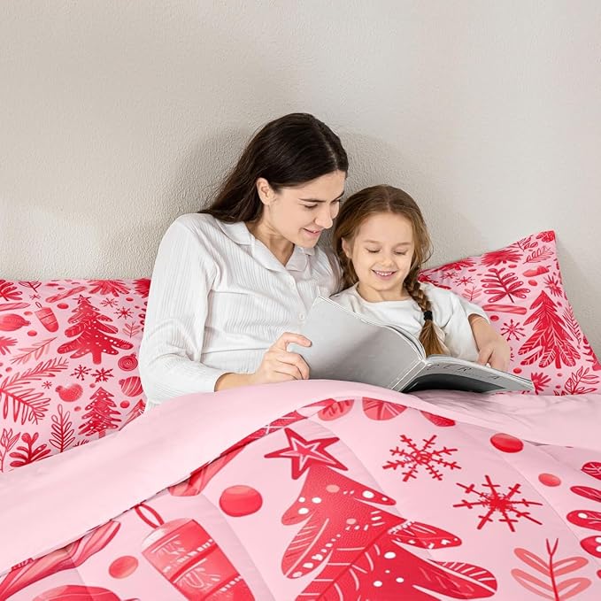 Feelyou Christmas Kids Comforter Set Toddler Size Snowflake Candy Bedding Set Xmas Tree Duvet Quilt for Kids Boys Girls Bedroom Pine Tree Decor Microfiber Ultra Soft Breathable