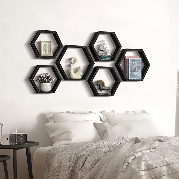 CADUKE Hexagonal Floating Shelves Set of 6 Hexagon Sheves Wall Mount Wood Storage Honeycomb Shelf Farmhouse Wall Decor Shelves for Bedroom Living Room, Black