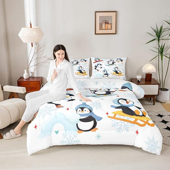 Cute Cartoon Skiing Penguin Twin Size Comforter Set for All Seasons,Winter Snowflake New Year Bedding Set Teens Bedroom Decor,Merry Christmas Theme Comforter Inner Fill with 1 Pillowcase