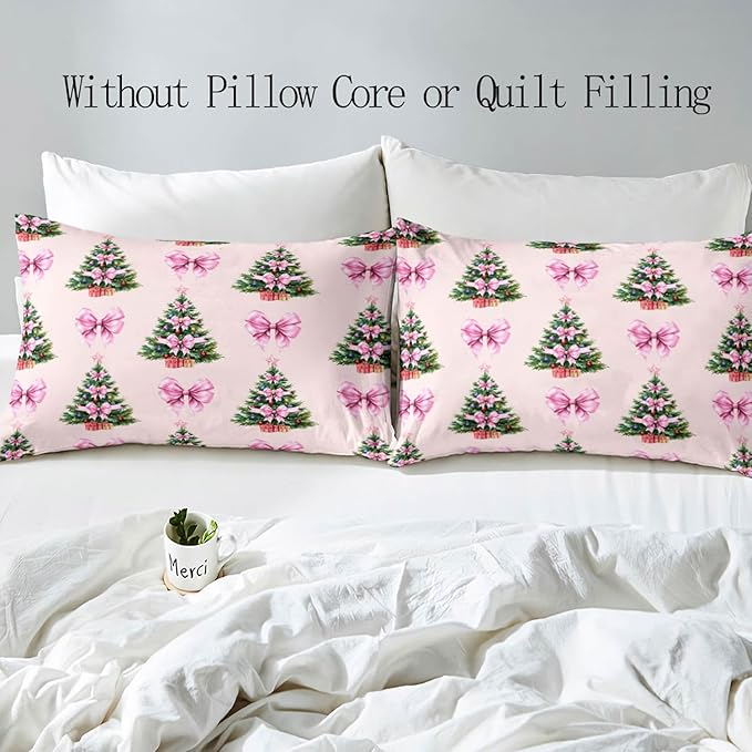 LUVIVIHOME 3PCS Pink Bow Christmas Tree Duvet Cover Full Bedding Set, Teen Girl Bedding, Light Pink Duvet Cover, Xmas Tree Winter Holiday Festival Coquette Christmas Comforter Cover, 2 Pillow Cases