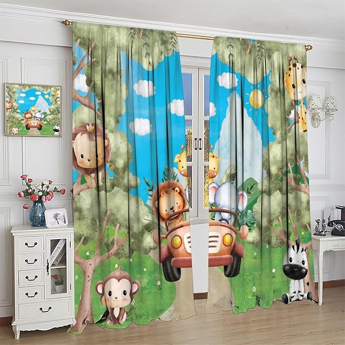 Jungle Animals Curtains, Cartoon Safari Animals Tropical Forest Leaf Blackout Window Treatments, Rod Pocket Thermal Insulated Drapes 2 Panel Sets for Kids Bedroom Nursery Classroom, 63"W X 63"L