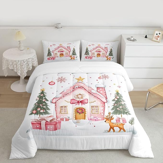 Feelyou Gingerbread House Bedding Set Soft for Boys Girls, Christmas Tree Comforter Set King Size Reindeer Duvet Quilt Microfiber Snowflake Bedroom Decor Holiday Scene 3 Pcs with 2 Pillow Cases