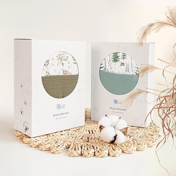 lulumoon Muslin Baby Blanket Neutral: Cotton Crib Blanket with Pine Tree - Soft Toddler Bedding for Registry Gift 47x47 Inches (Green Forest Stump)