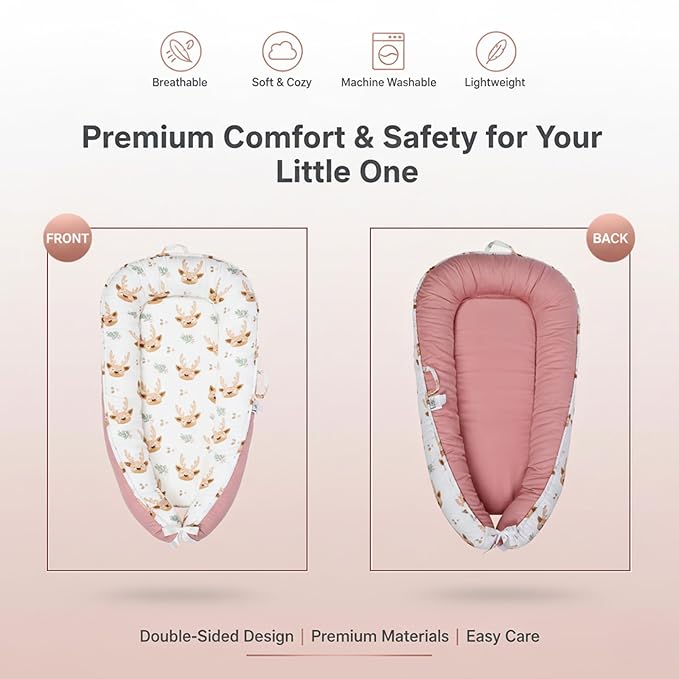 Baby Lounger – Infant Lounger for Newborn 0–24 Months, Baby Nest Lounger, Portable Newborn Lounger, Soft Breathable Cotton, Essentials for Babies at Home and Travel (Pink)