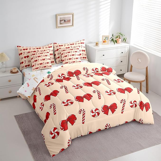 Feelyou Red Christmas Girly Comforter Set with Sheets Kids Christmas Bowknot Bedding Set Boys Girls Bow Candy Decor Bed in a Bag Xmas Theme Bed Set Bedroom King Size