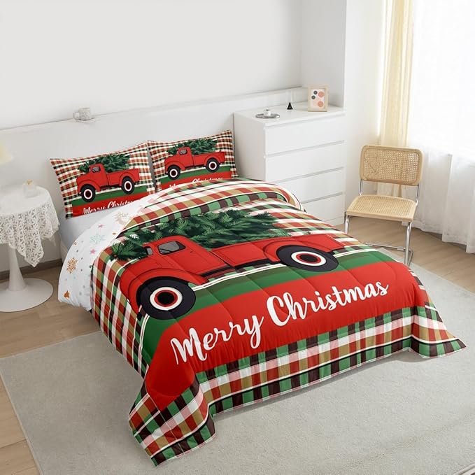 Feelyou Merry Christmas Kids Comforter Set King Size Christmas Tree Bedding Set Snowflake Duvet Quilt for Kids Boys Girls Bedroom Winter Decor Microfiber Ultra Soft Breathable