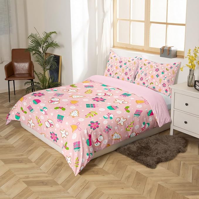 Christmas Kids Bedding Set Cartoon Christmas Tree Snowman Duvet Cover for Boys Children Teens Bedroom Decor Flower Birds Comforter Cover Set Pink New Year Bedspread Cover King Size with 2 Pillow Case
