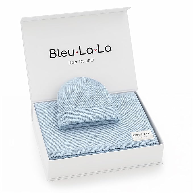 Luxe Collection 100% Organic Luxury Knit Baby Blanket + Hat Gift Set (Sky Blue)