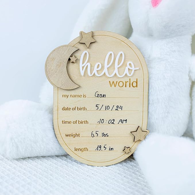 Baby Announcement Sign Star, 6.5 Inch Wooden Hello World Newborn Welcome Sign Birth Name Plaques for Photo Props Baby Shower Hospital Nursery (A62)