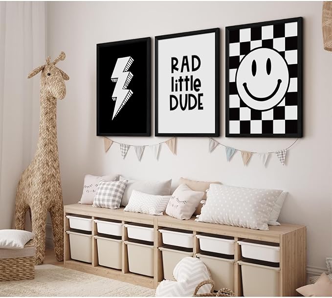 Boys Room Wall Art Decor Toddler Nursery Canvas Wall Art Baby Kids Wall Decor Black Checkered Smiley Poster Pictures Retro Playroom Rad Little Dud Art Prints for Bedroom 12x16x3 Inch Wood Framed