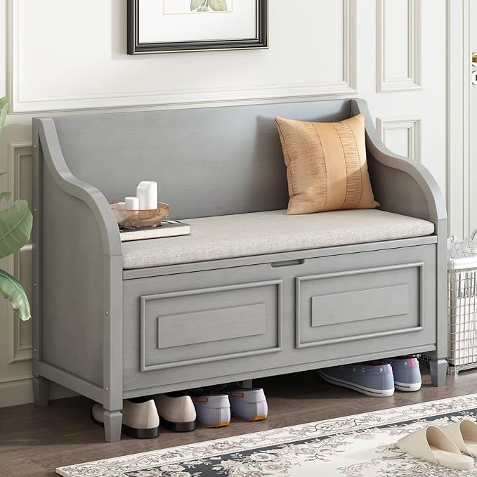 Merax Storage Bench, 41.9” Solid Wood Storage Chest with Backrest and Safety Hinge, Large Storage Space Bench with Upholstered Cushions,Supports 250 lb and Easy Assembly for Small Space, Gray