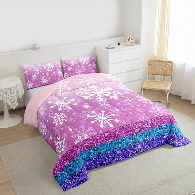 Feelyou Pink Snowflake Comforter Set King Size Winter Snowflake Bedding Set for Kids Boys Girls Christmas Duvet Quilt Glitter Print Bedroom Decor Microfiber 3 Pcs with 2 Pillow Cases