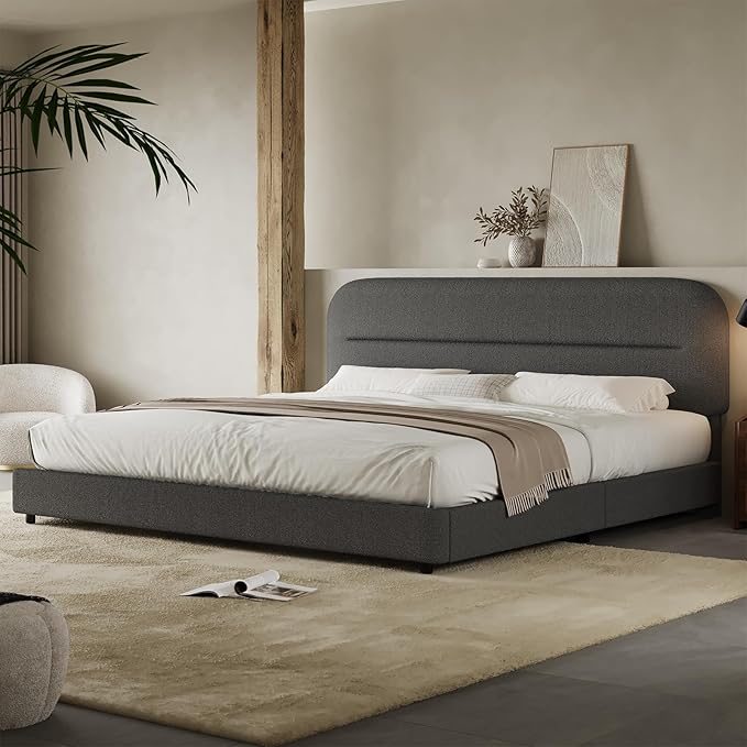 HOMBCK King Size Bed Frame, Boucle Upholstered Bed Frames and Headboard, Soft Bed Frame King with Thickened Footboard, Rounded Corners, No Box Spring Needed, Easy Assembly, Grey