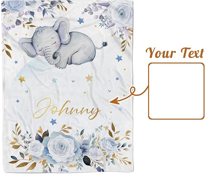Personalized Baby Blanket for Boys Girls, Custom Baby Blanket with Name, Flannel Blue Elephant Blanket Personalized Gifts for Kids Newborn Infant, Ideal for Birthday Baby Shower(30”x40)
