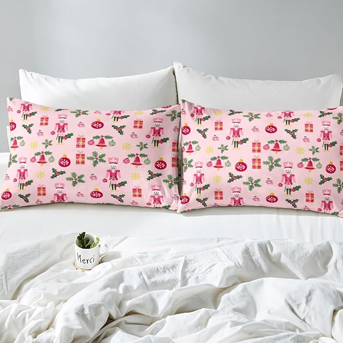 Feelyou Christmas Pink Nutcracker Comforter Cover Toddler Size Cute Royal Guarder Duvet Cover Xmas Snowflake Bedding Set Gifts for Kids Boys Girls Decor 1 Pillow Case Pink