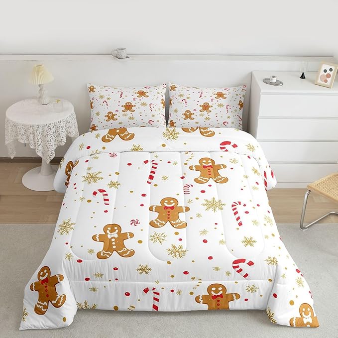 Feelyou Cute Gingerbread Man Comforter Set King Size Candy Cane Bedding Set for Kids Boys Girls Golden Snowflake Duvet Quilt Christmas Pattern Bedroom Decor Festive Design 3 Pcs with 2 Pillow Cases