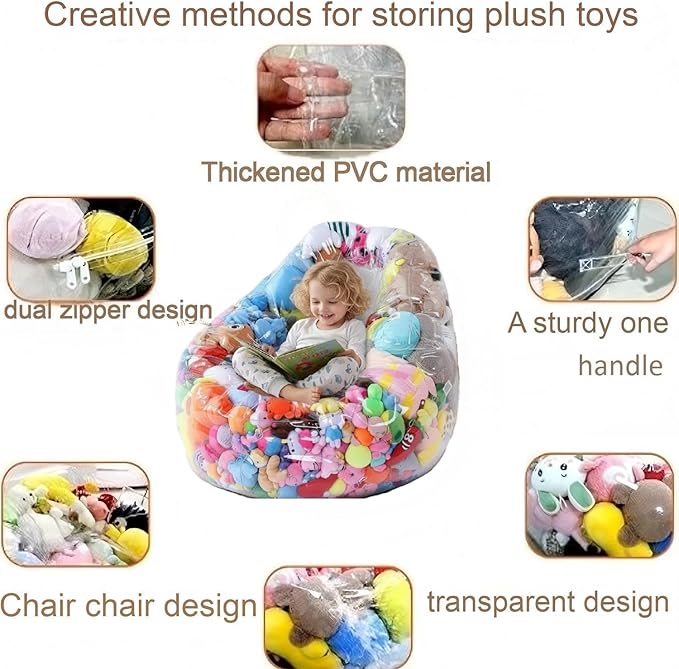 Clear Stuffed Animal Storage Bean Bag Chair Cover - Extra Large 150L, Waterproof & Easy-Clean Toy Organizer with Plastic Window,forNursery, Bedroom, Playroom (Cover Only, No Filler) (2 pcs)