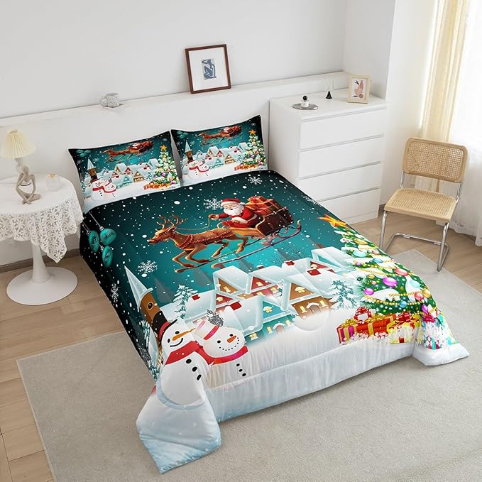 Manfei Christmas Comforter Set King Size, Xmas Tree Snowman Bedding Set 3pcs for Kids Boys Girls Room Decor, Santa Claus with Reindeer Quilt Set New Year Theme Duvet Set with 2 Pillowcases