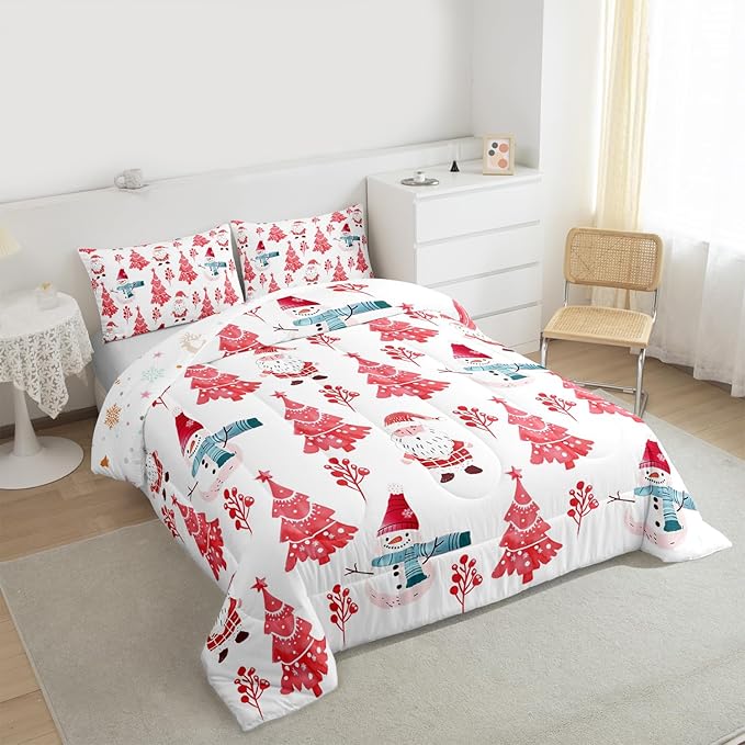 Feelyou Merry Christmas Comforter Set All Season Xmas Tree Snowman Bedding Set with 2 Pillow Cases Santa Claus Microfiber Kids Full Bedclothes Bedroom Decor Duvet Quilt Breathable Soft