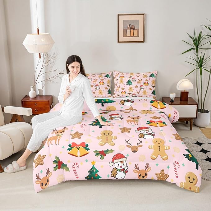 Feelyou Merry Christmas Bedding Set Soft for Boys Girls, Gingerbread Man Comforter Set Queen Size Cute Deer Duvet Quilt Microfiber Christmas Tree 3 Pcs with 2 Pillow Cases