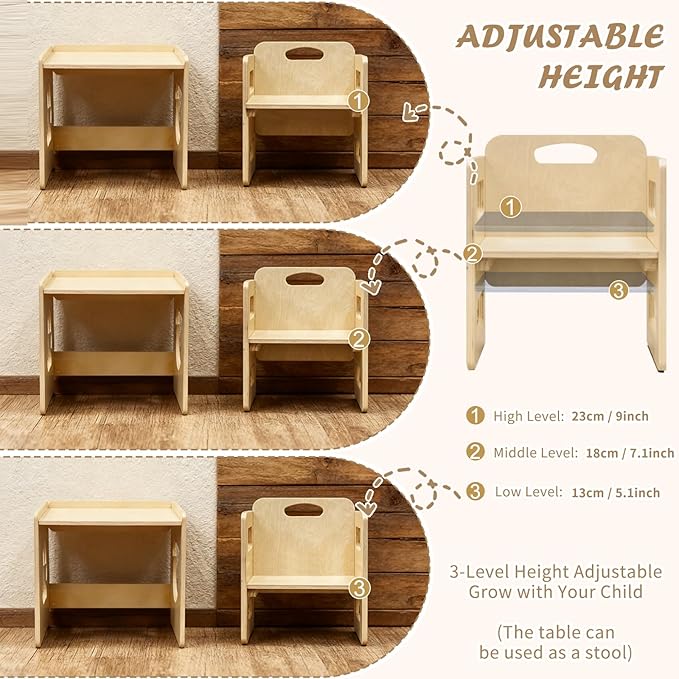 Montessori Weaning Table and Chair Set - 3-Level Height Adjustable Wooden Toddler Furniture, Activity Table Set for Eating, Playing & Learning, Kids Montessori Furniture for Age 1 2 3 Years